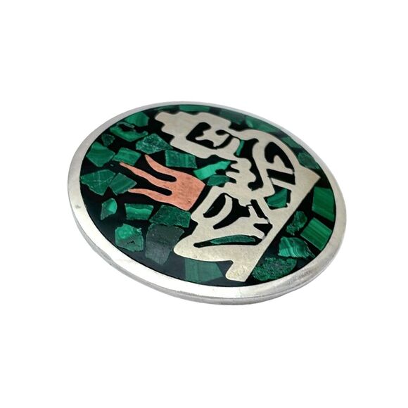 Malachite Inlay Chacmool Brooch Pendant | Mexican Mayan Incan | Sterling Silver - Picture 2 of 8